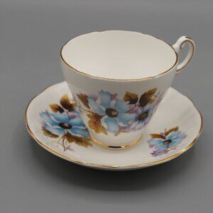 Regency English Bone China Teacup and Saucer Set Floral Blue Brown Gold Trim VTG